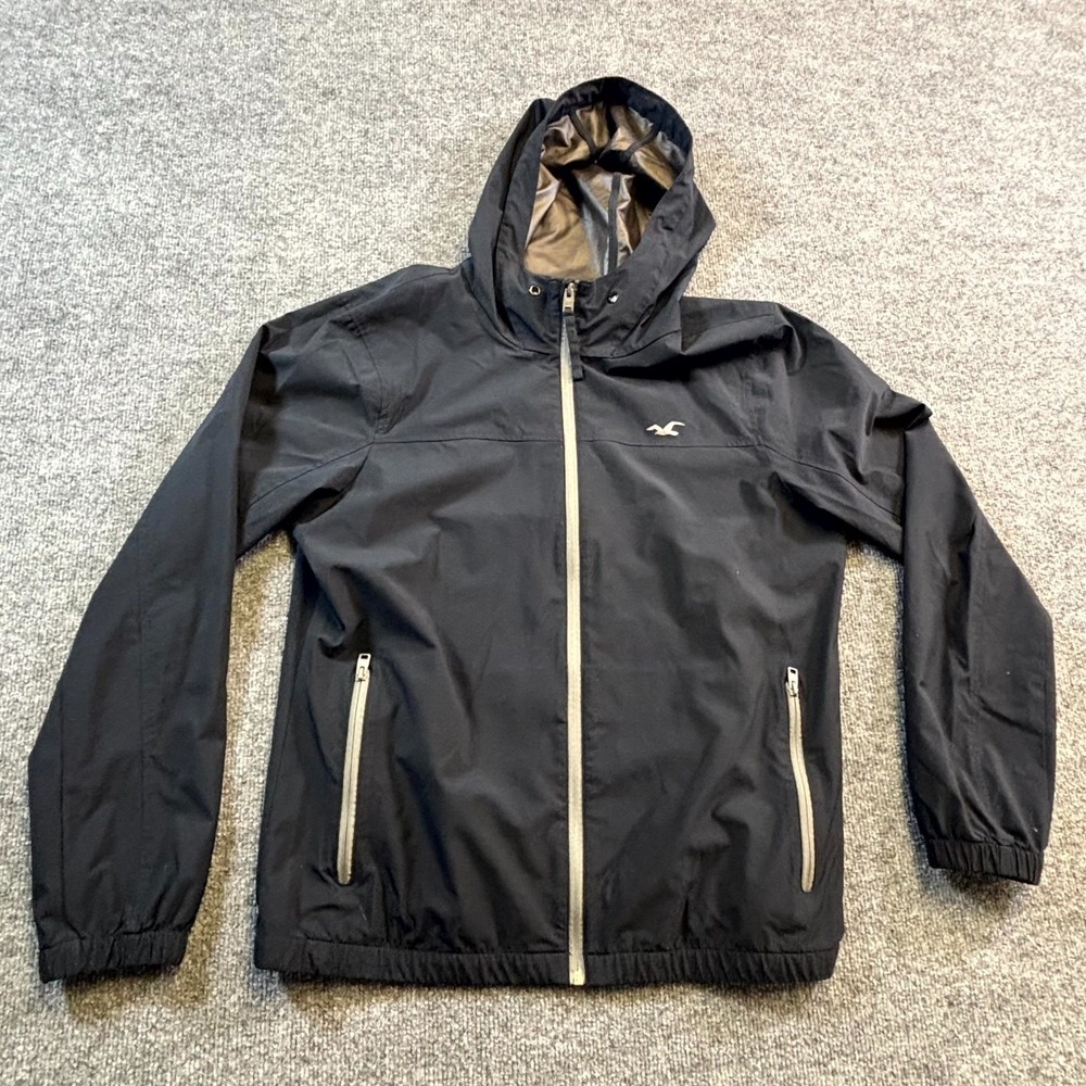 Hollister Windbreaker Jacket Mens L Black Full Zip Stretch Gorpcore Hooded
